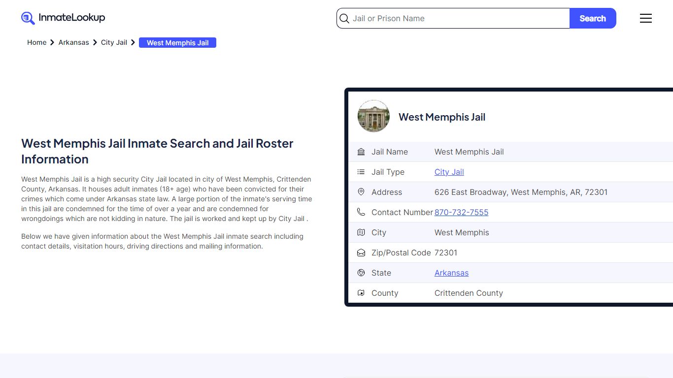 West Memphis Jail Inmate Search and Jail Roster Information