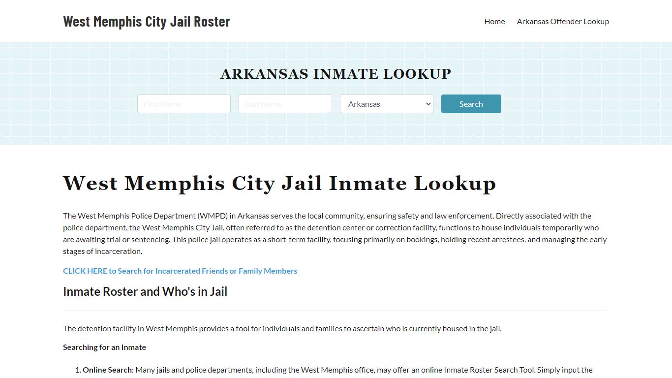 West Memphis Police Department Jail Inmate Lookup